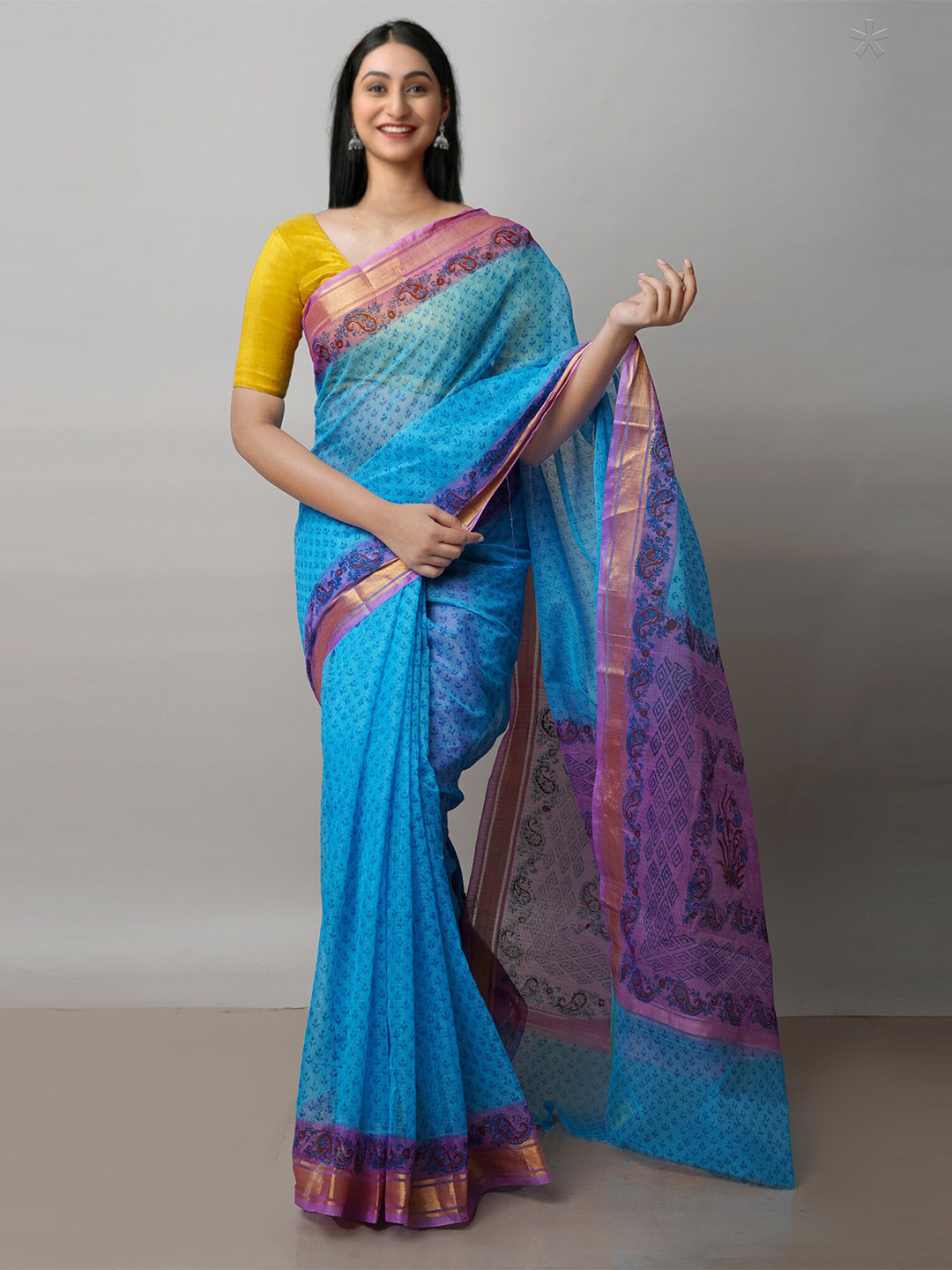 

Unnati Silks Ethnic Motifs Block Printed Zari Pure Cotton Handloom Kota Saree, Blue