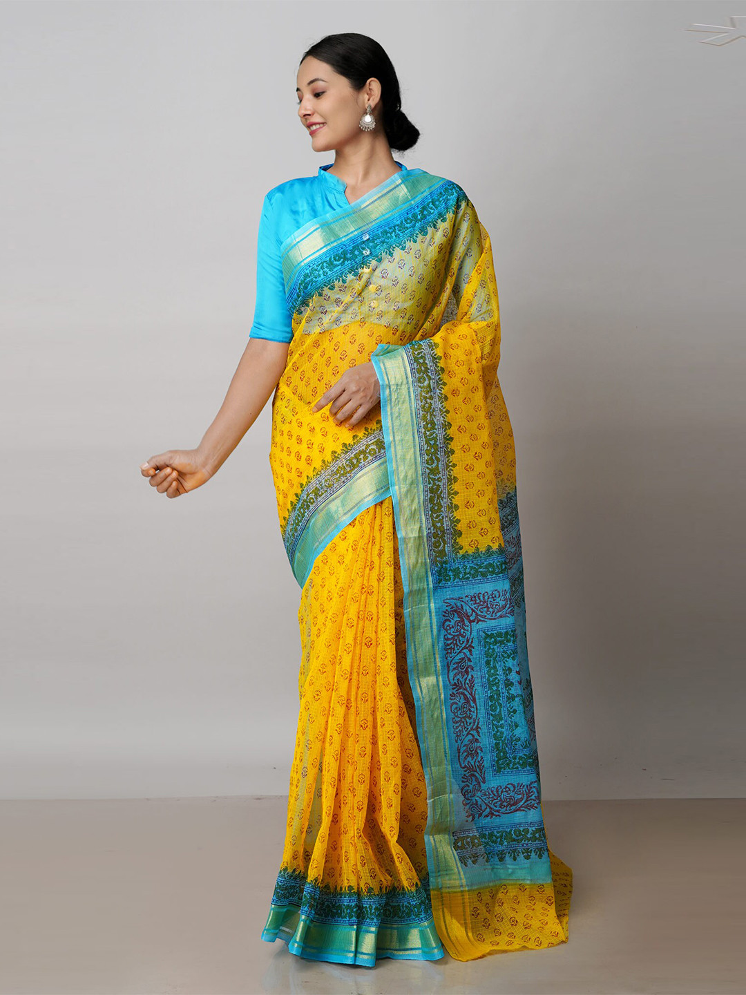 

Unnati Silks Ethnic Motifs Block Printed Zari Pure Cotton Handloom Kota Saree, Yellow