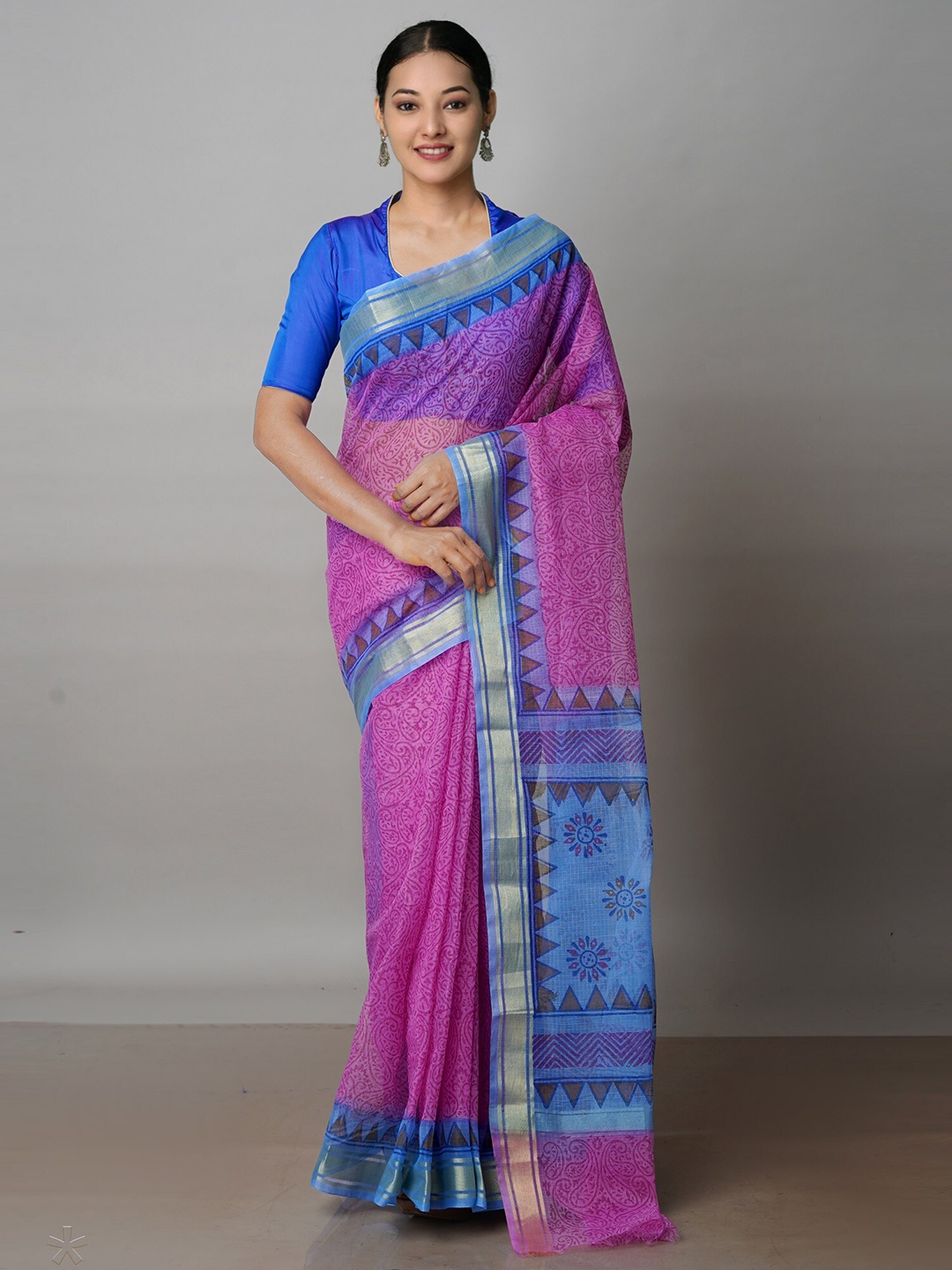 

Unnati Silks Paisley Block Printed Zari Pure Cotton Handloom Kota Saree, Pink