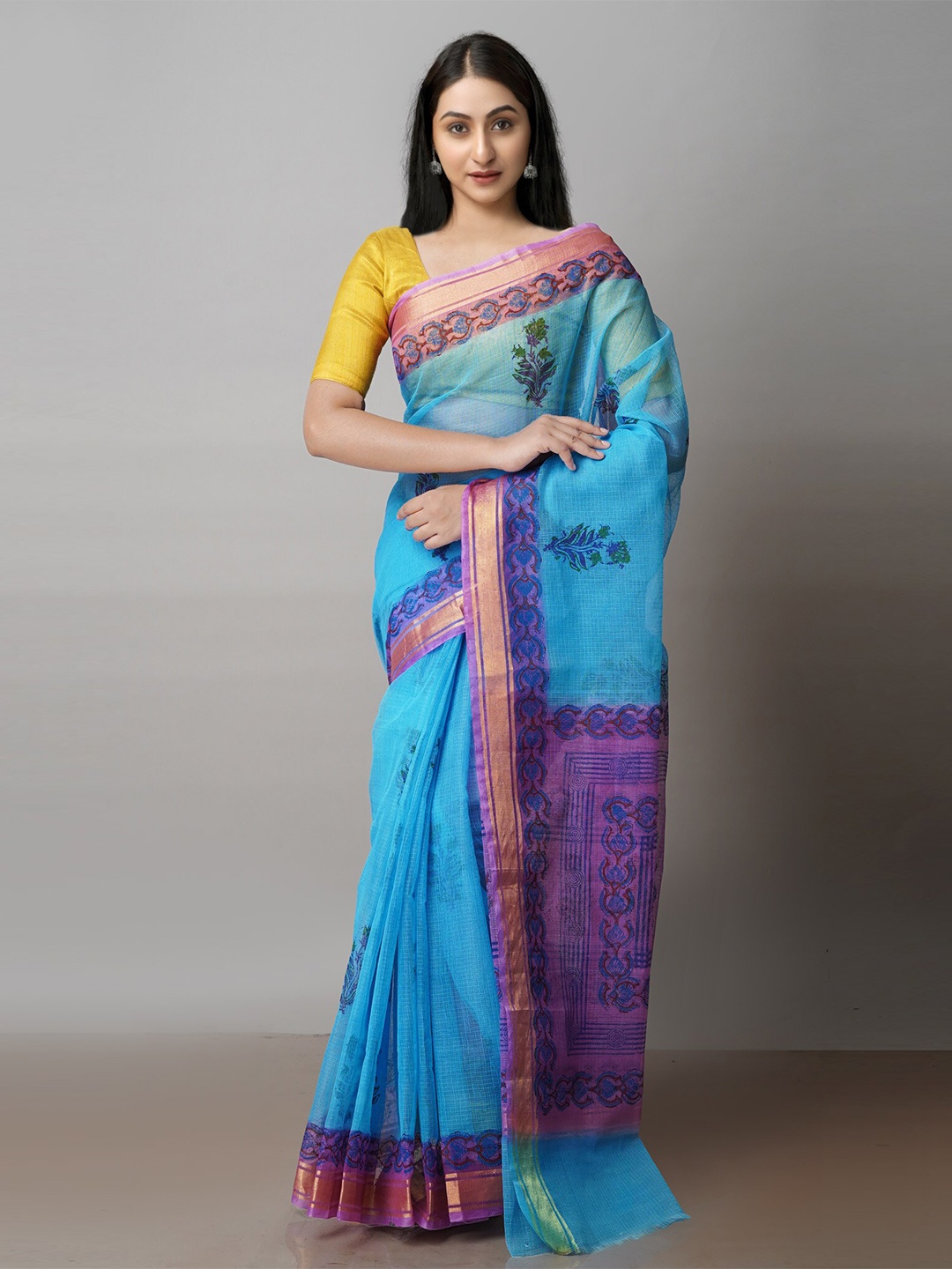 

Unnati Silks Ethnic Motifs Block Printed Zari Pure Cotton Kota Saree, Blue