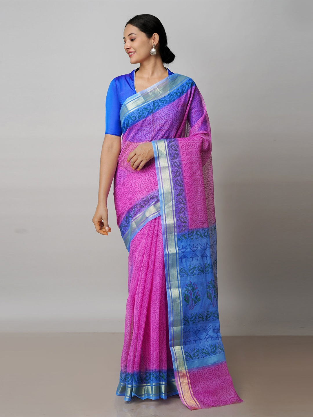 

Unnati Silks Ethnic Motifs Block Printed Zari Pure Cotton Kota Saree, Pink