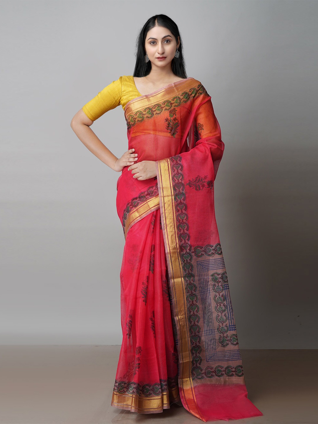 

Unnati Silks Ethnic Motifs Block Printed Zari Pure Cotton Kota Saree, Red