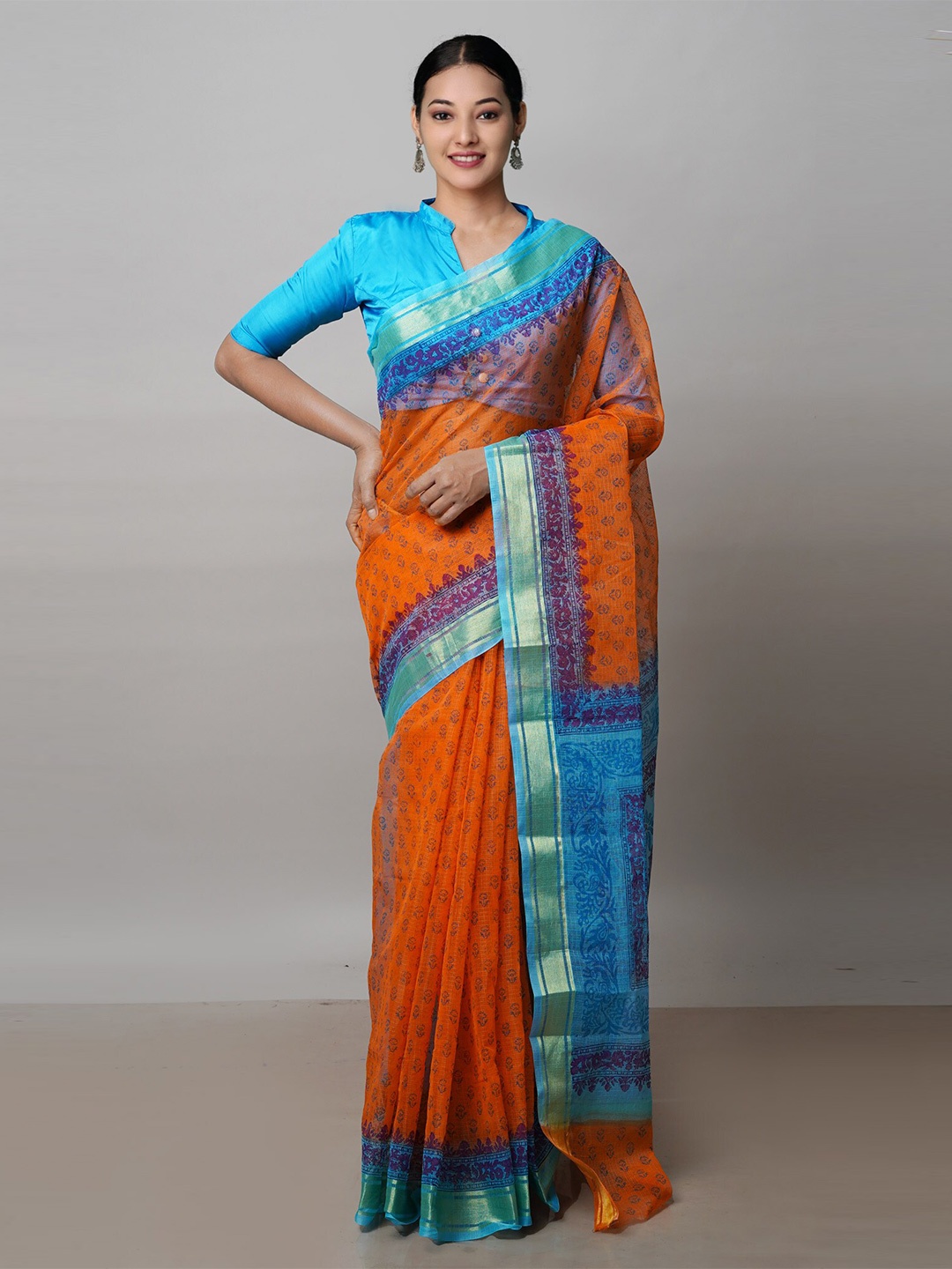 

Unnati Silks Ethnic Motifs Block Printed Zari Pure Cotton Kota Saree, Orange