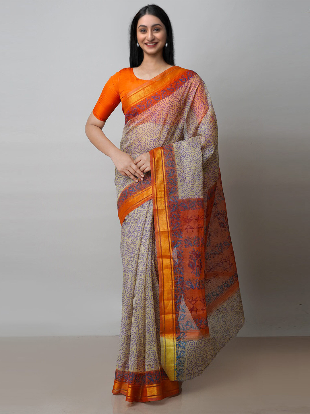 

Unnati Silks Ethnic Motifs Block Printed Zari Pure Cotton Kota Saree, Beige