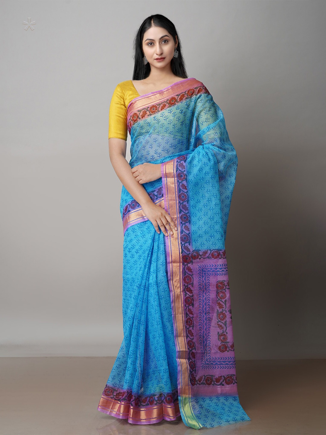 

Unnati Silks Ethnic Motifs Block Printed Zari Pure Cotton Kota Saree, Blue