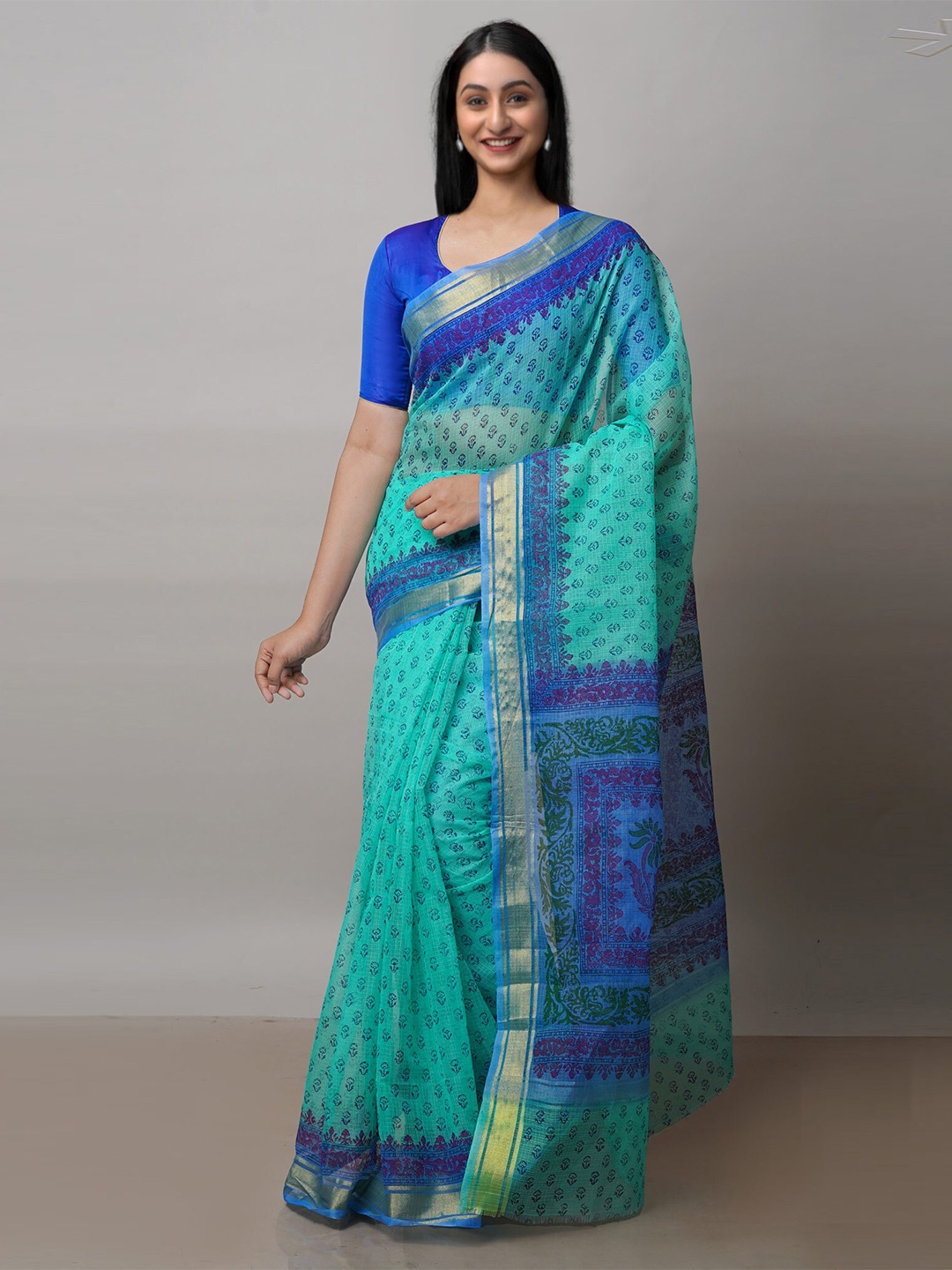 

Unnati Silks Ethnic Motifs Block Printed Zari Pure Cotton Kota Saree, Green