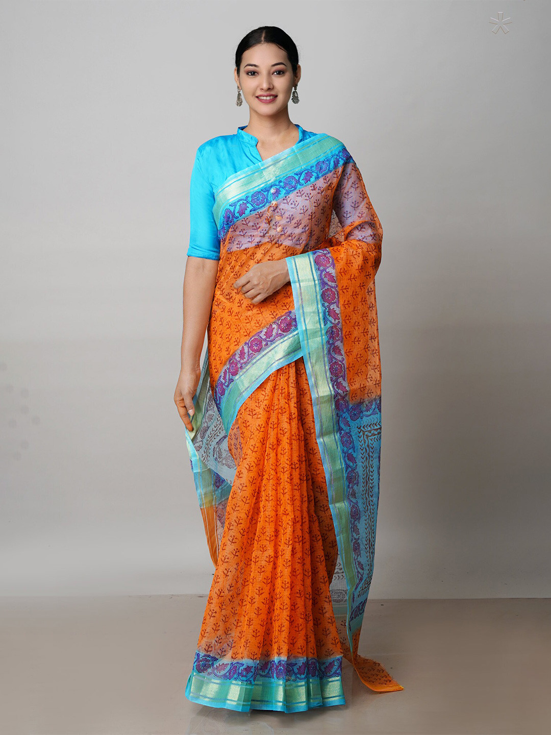 

Unnati Silks Ethnic Motifs Block Printed Zari Pure Cotton Kota Saree, Orange