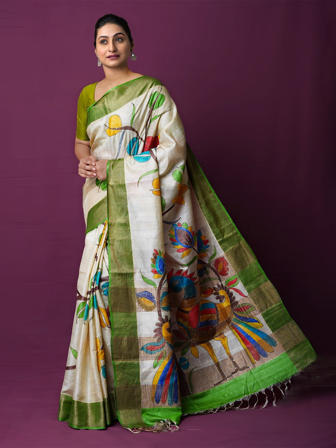 

Unnati Silks Floral Kantha Work Pure Silk Handloom Tussar Saree, Off white
