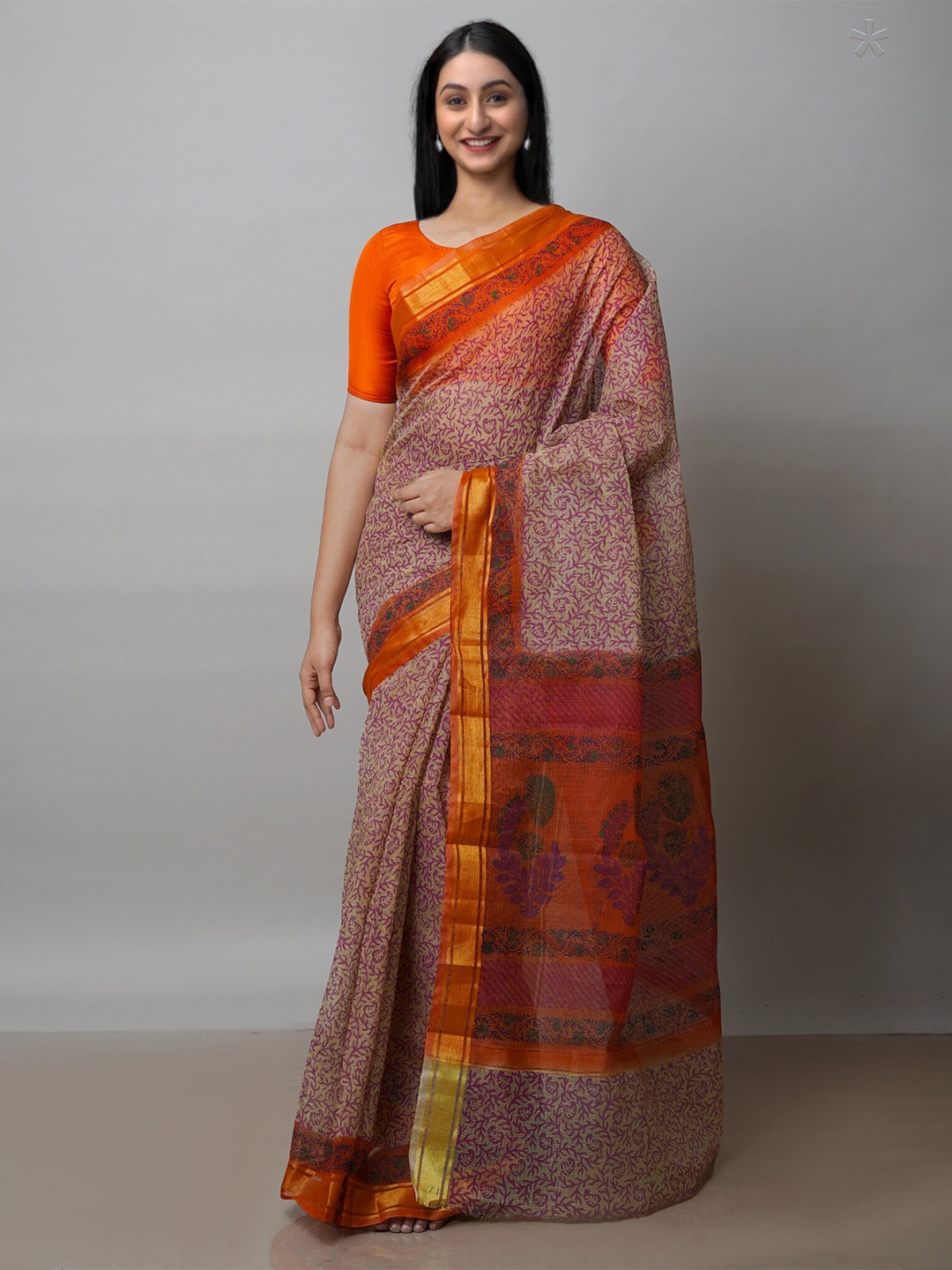 

Unnati Silks Floral Block Printed Zari Pure Cotton Kota Saree, Beige