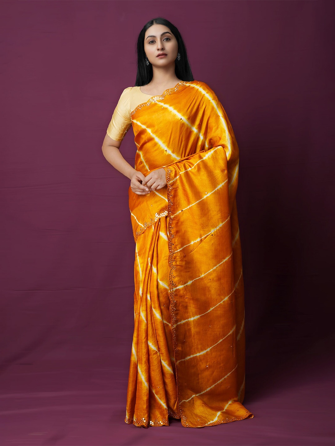 

Unnati Silks Leheriya Mirror Work Pure Silk Handloom Tussar Saree, Yellow