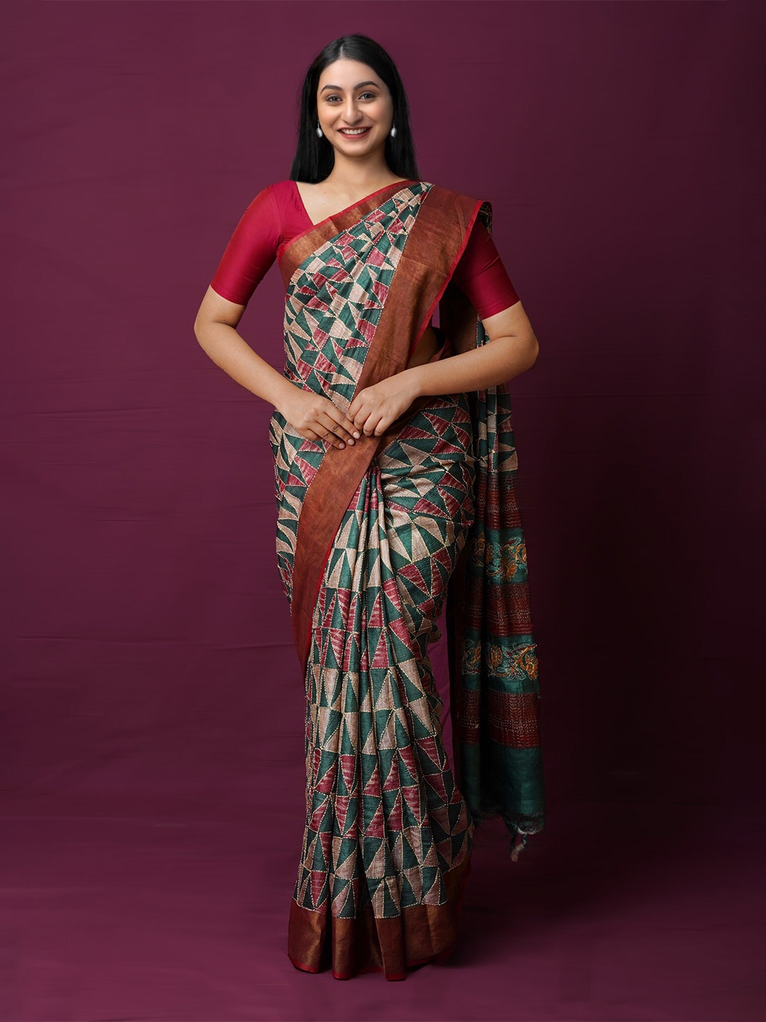

Unnati Silks Block Printed Kantha Work Pure Silk Handloom Tussar Saree, Green