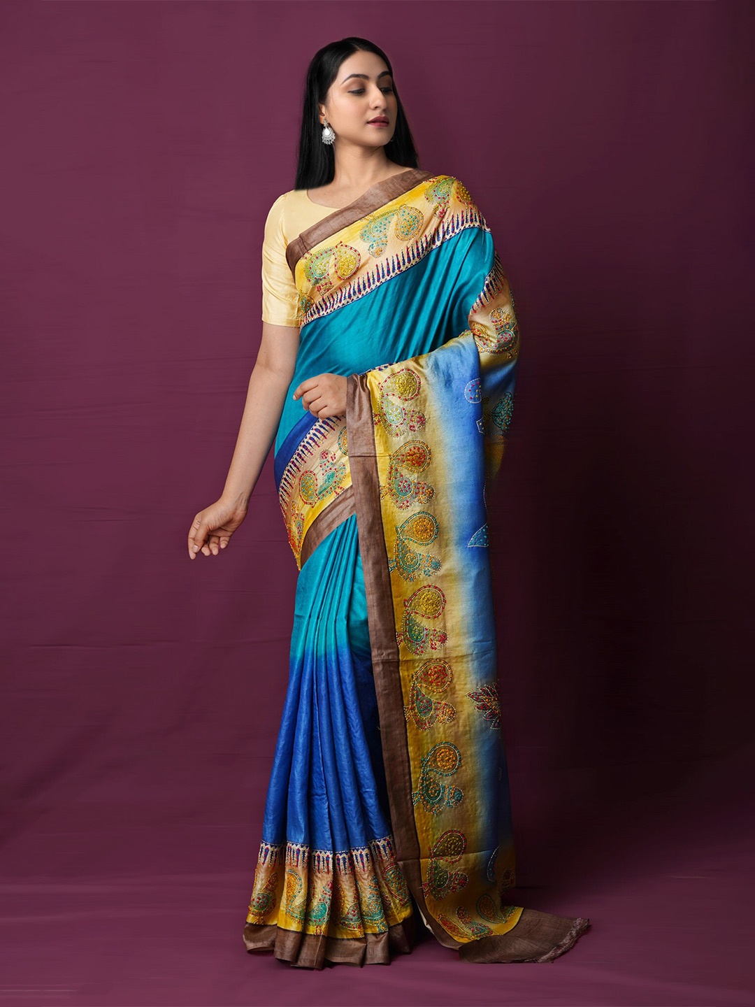 

Unnati Silks Dyed French knot Embroidered Pure Silk Handloom Tussar Saree, Blue