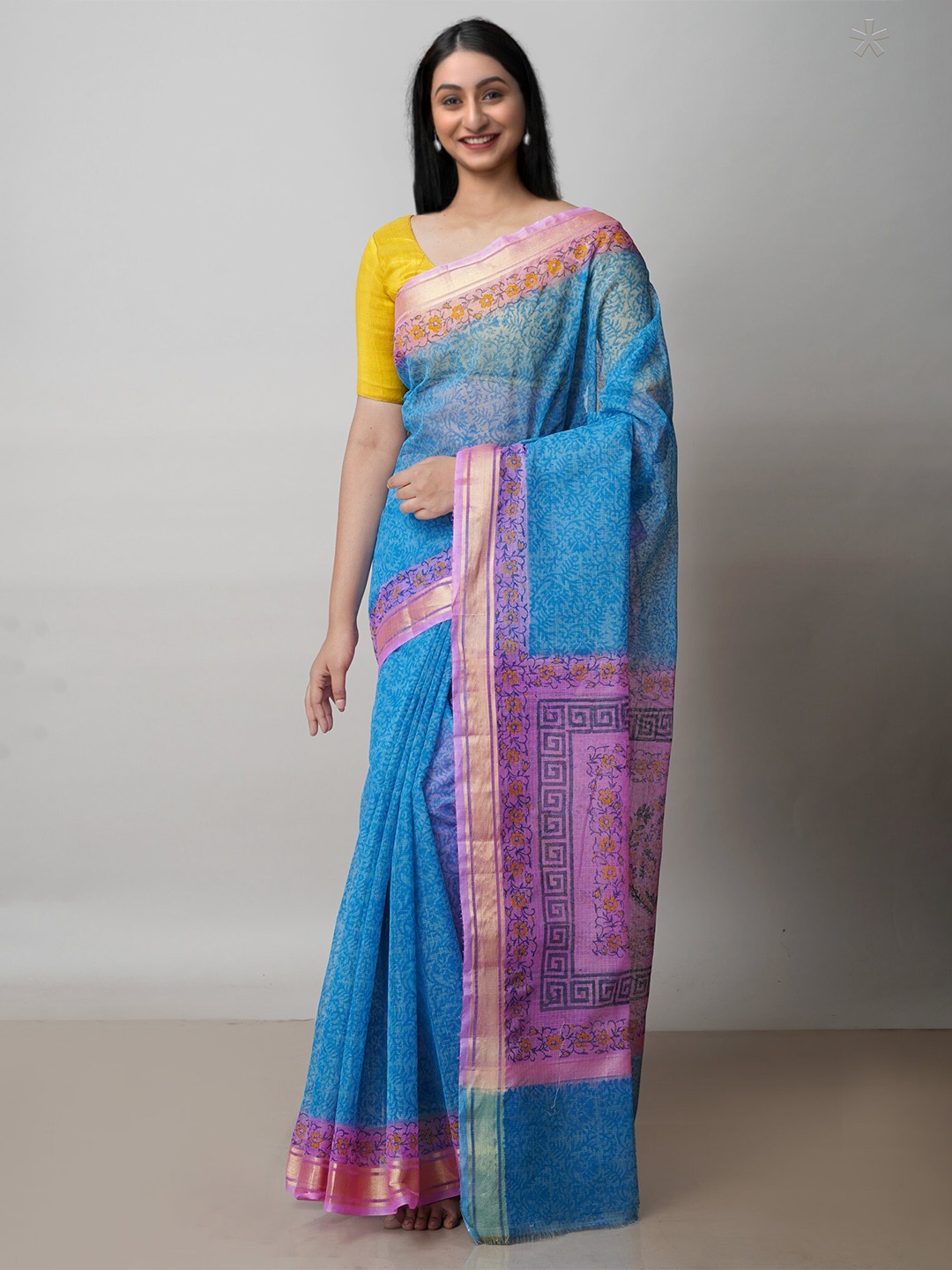 

Unnati Silks Floral Block Printed Zari Pure Cotton Handloom Kota Saree, Blue