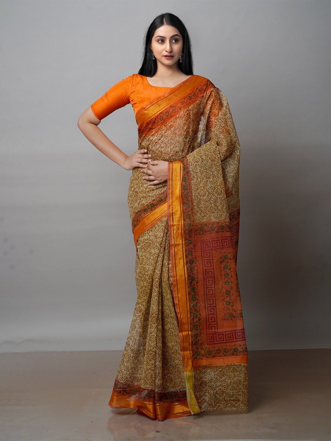 

Unnati Silks Paisley Block Printed Zari Pure Cotton Handloom Kota Saree, Yellow