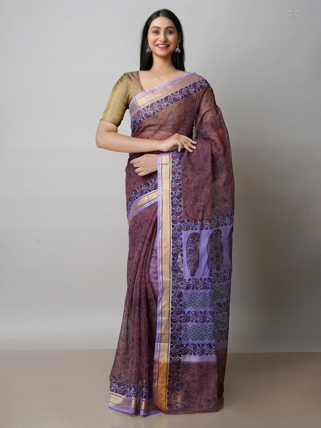 

Unnati Silks Ethnic Motifs Block Printed Zari Pure Cotton Kota Saree, Burgundy