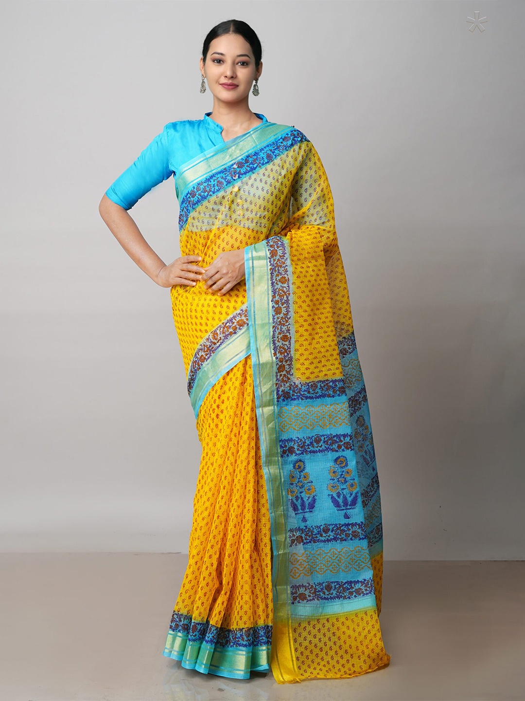 

Unnati Silks Ethnic Motifs Block Printed Zari Pure Cotton Kota Saree, Yellow