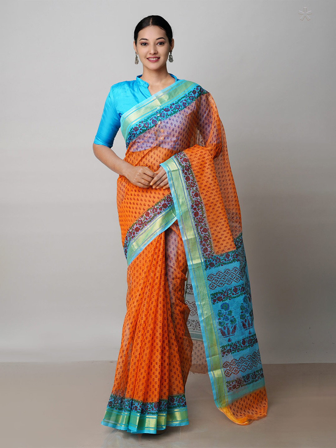 

Unnati Silks Ethnic Motifs Block Printed Pure Cotton Kota Saree, Orange