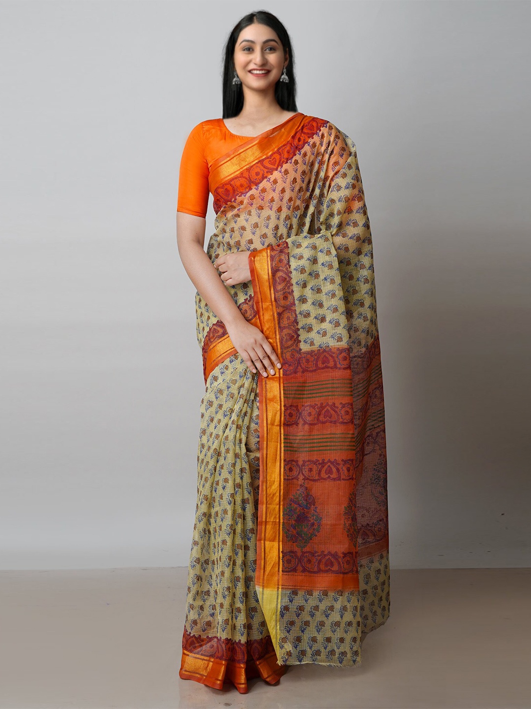 

Unnati Silks Ethnic Motifs Block Printed Pure Cotton Kota Saree, Beige