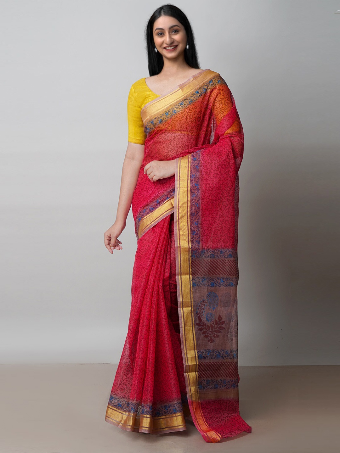 

Unnati Silks Ethnic Motifs Block Printed Zari Pure Cotton Kota Saree, Red