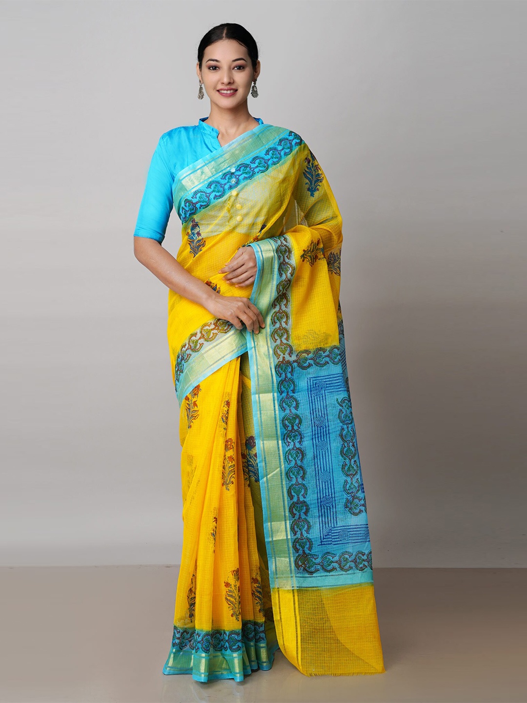 

Unnati Silks Ethnic Motifs Block Printed Zari Pure Cotton Handloom Kota Saree, Yellow