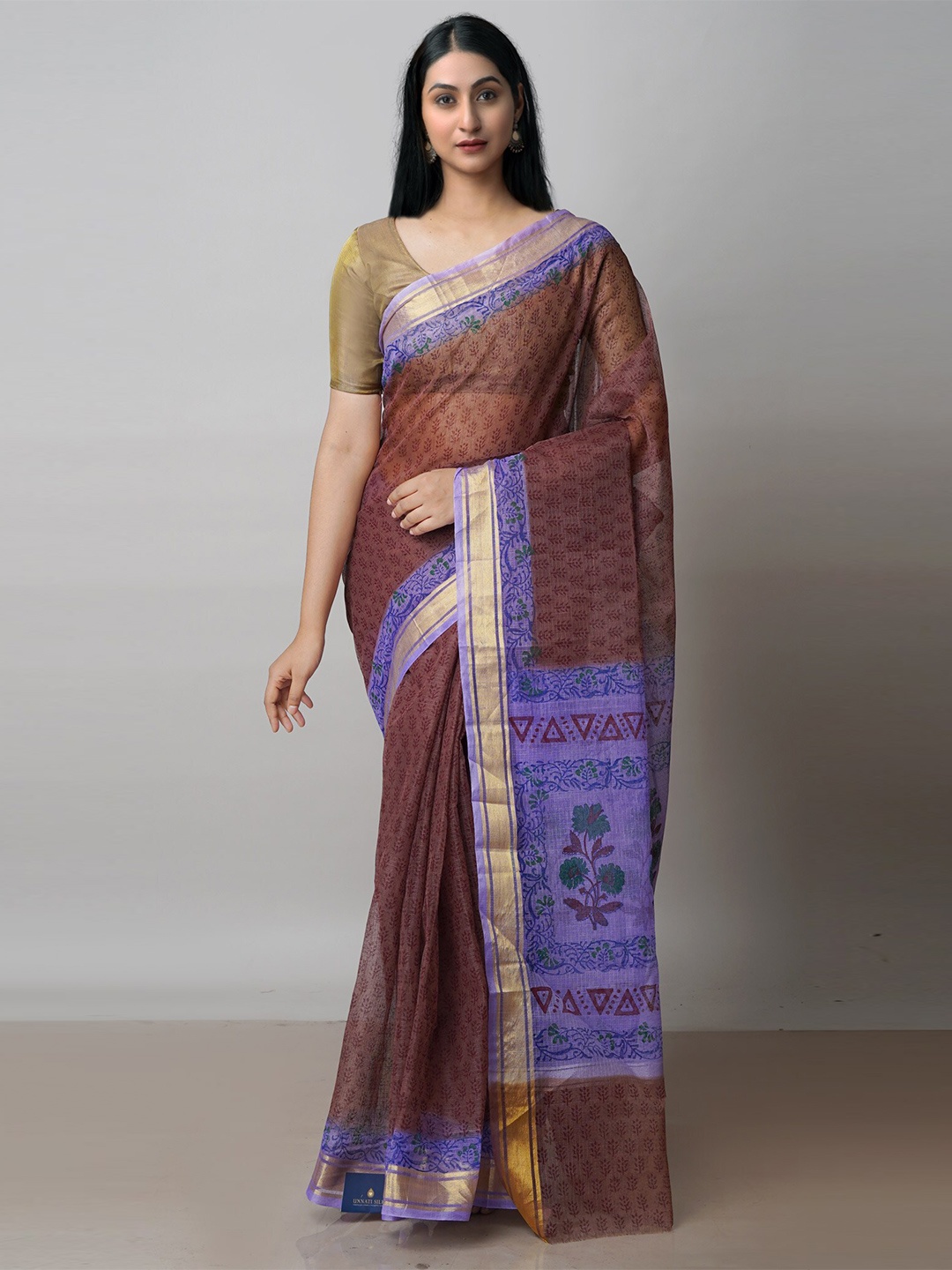 

Unnati Silks Ethnic Motifs Block Printed Zari Pure Cotton Kota Saree, Burgundy