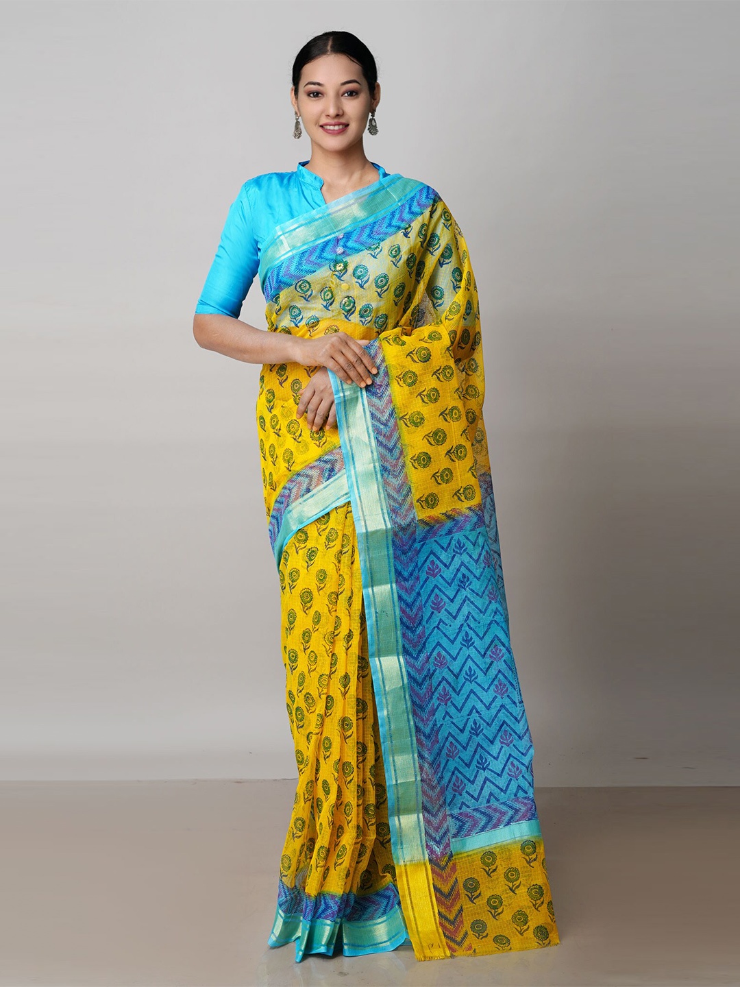 

Unnati Silks Ethnic Motifs Block Printed Zari Pure Cotton Kota Saree, Yellow