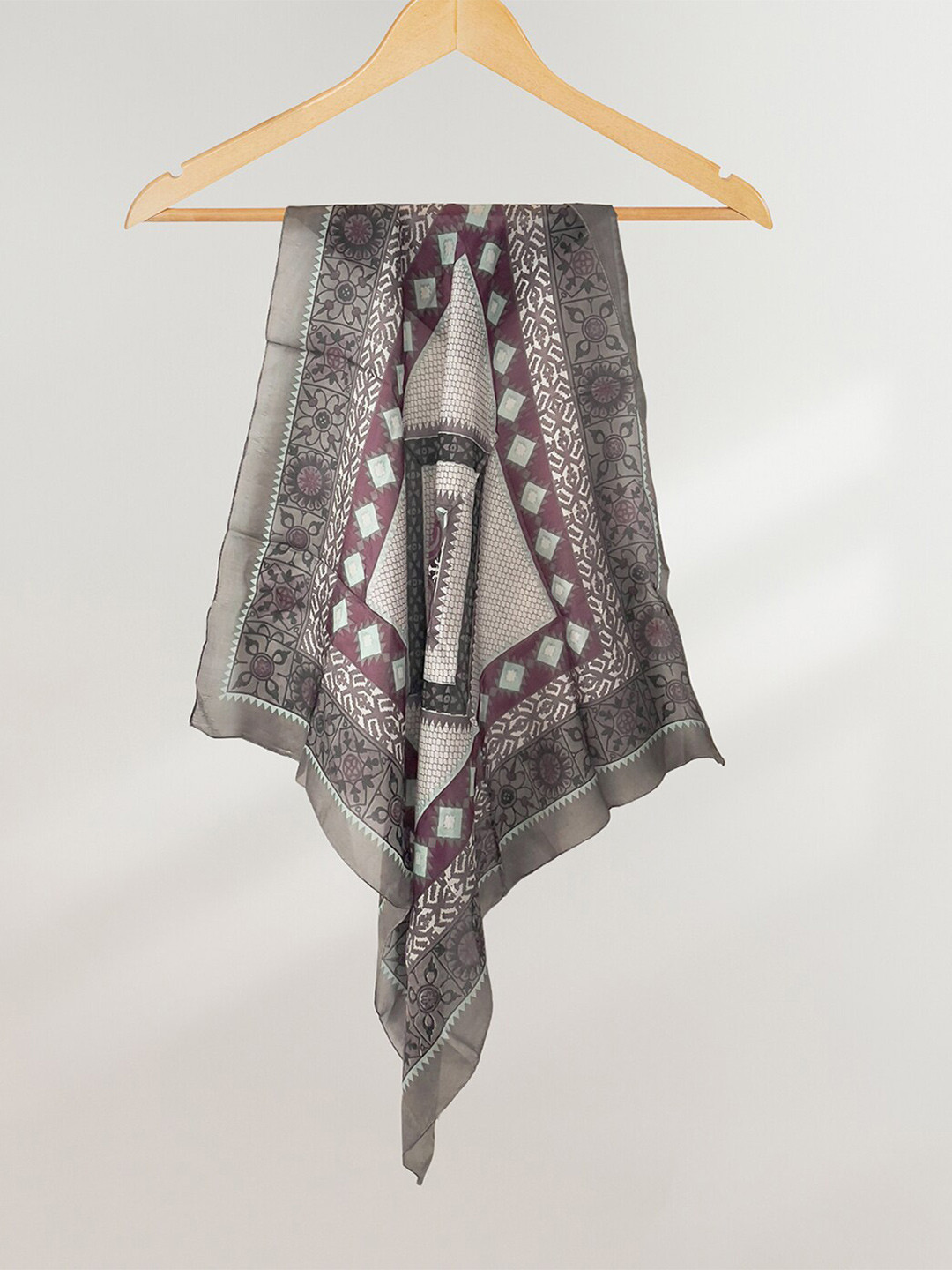 

Ayesha Women Abstract Boho Motif Printed Silk Square Scarf, Grey