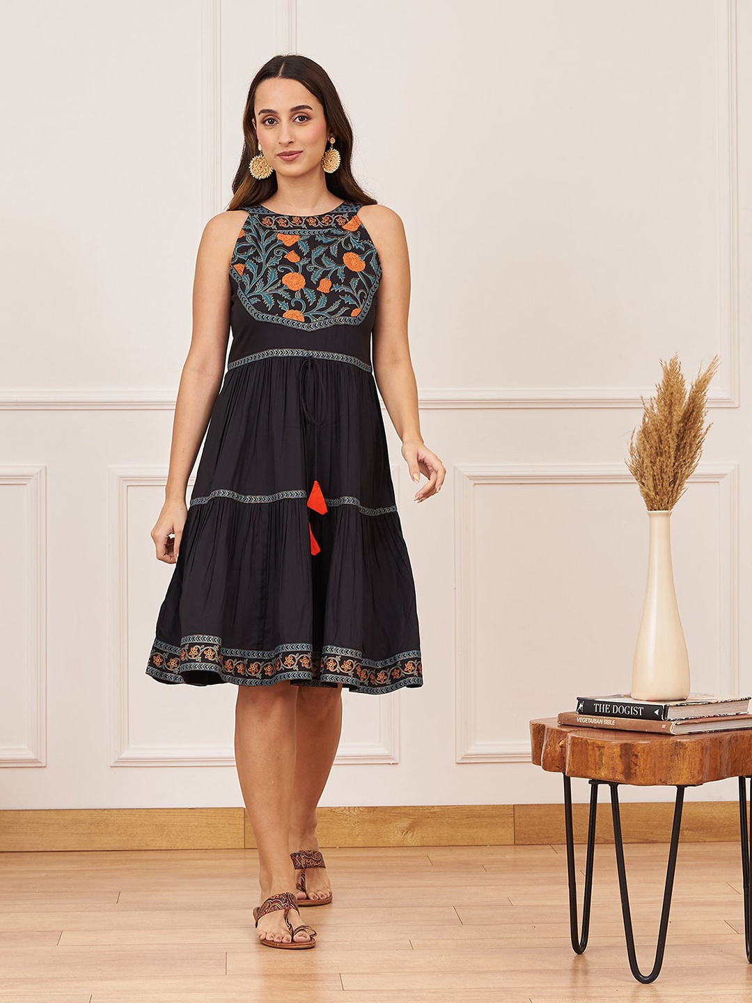 

Rustorange Black Ethnic Motifs A-Line Dress