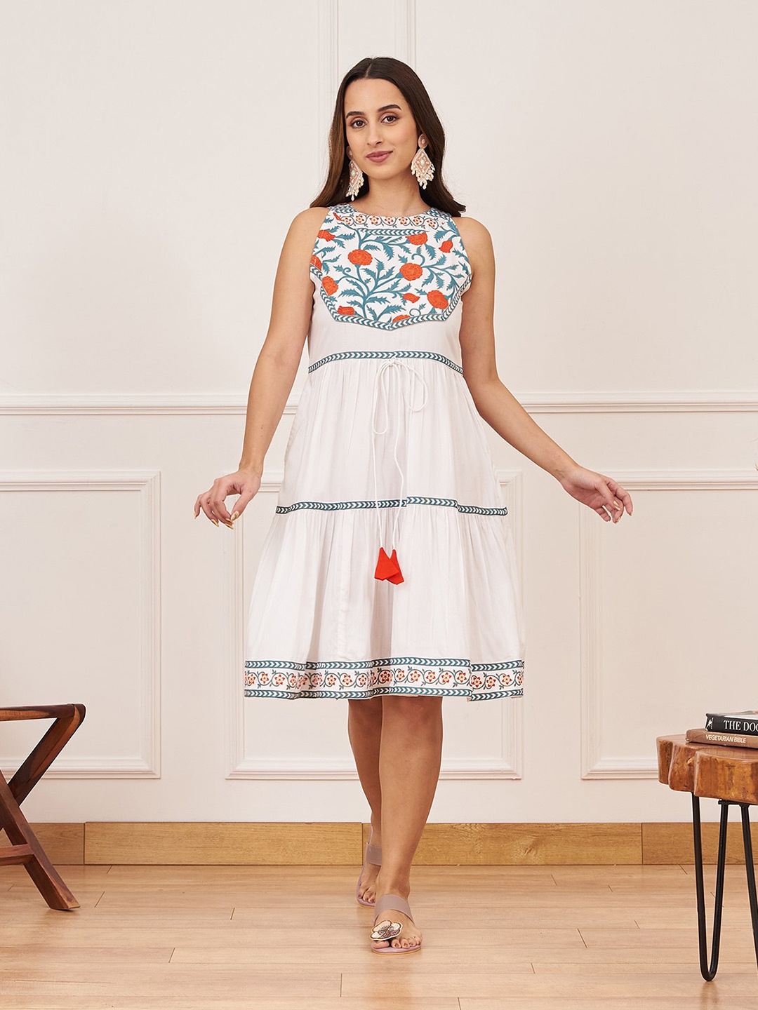 

Rustorange White Floral Fit & Flare Dress