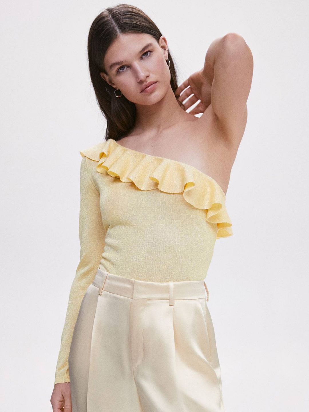 

MANGO One Shoulder Ruffles Top, Yellow