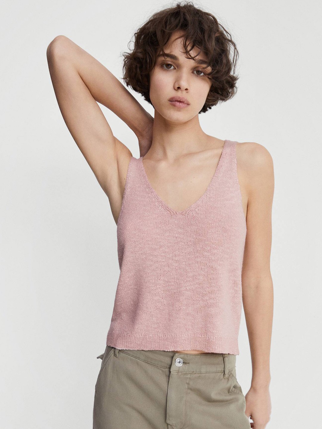 

MANGO Women Solid Knitted Top, Pink