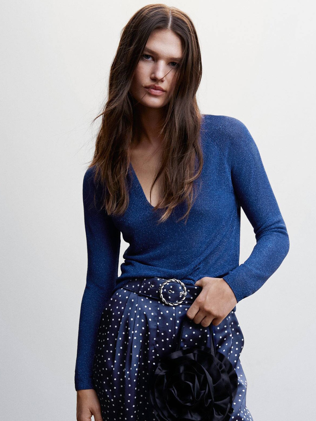 

MANGO Knitted V-Neck Top, Blue