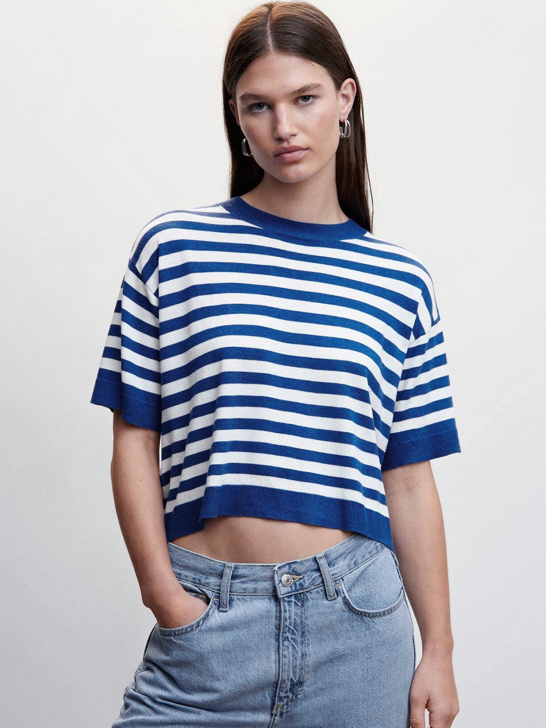 

MANGO Women Striped Crop Pullover, Blue