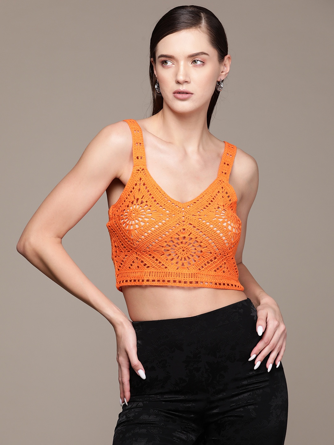 

MANGO Crochet Crop Top, Orange