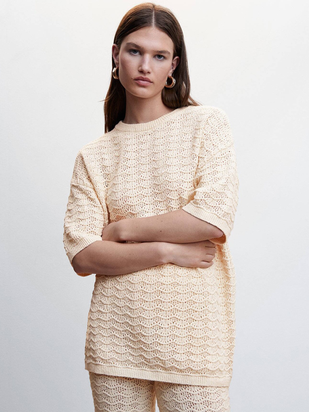 

MANGO Women Self Design Pullover, Cream