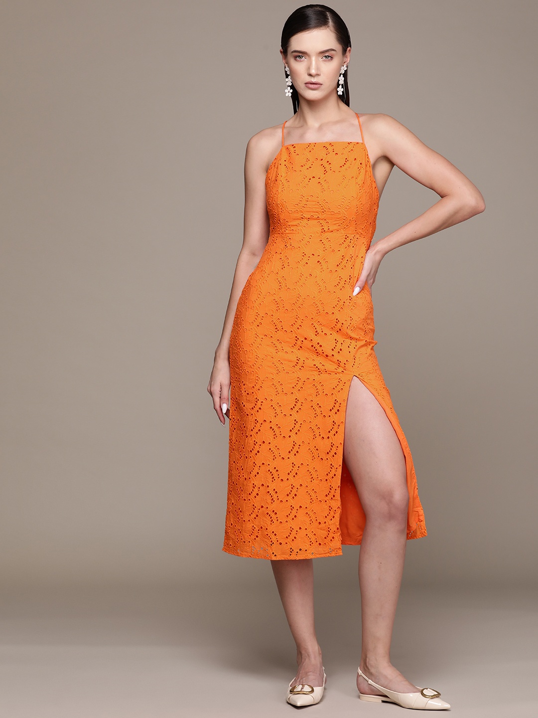 

MANGO \Ethnic Motifs Schiffli Embroidered A-Line Midi Dress with Back Tie-Up, Orange