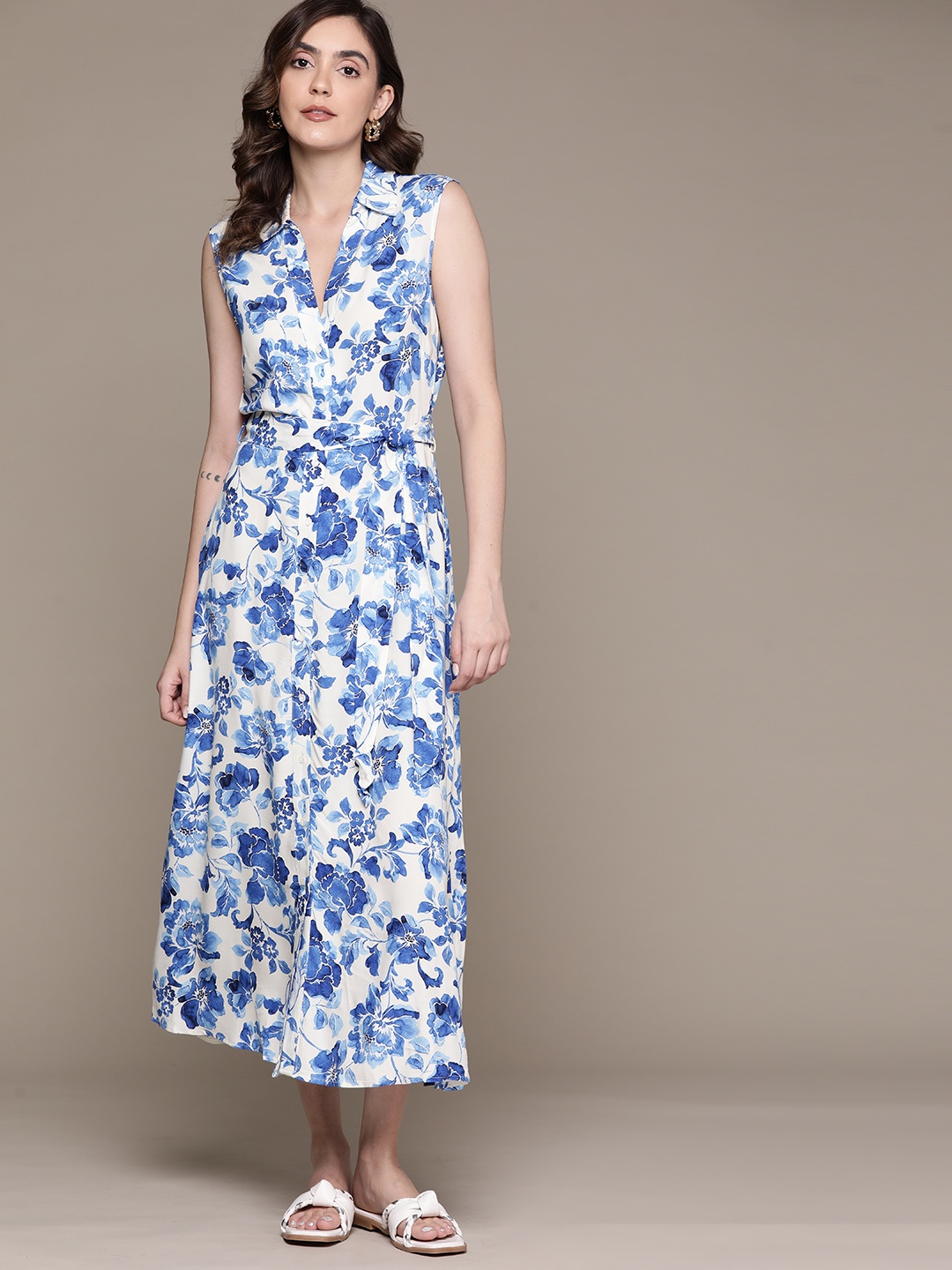 

MANGO Blue & White Floral Print A-Line Midi Dress