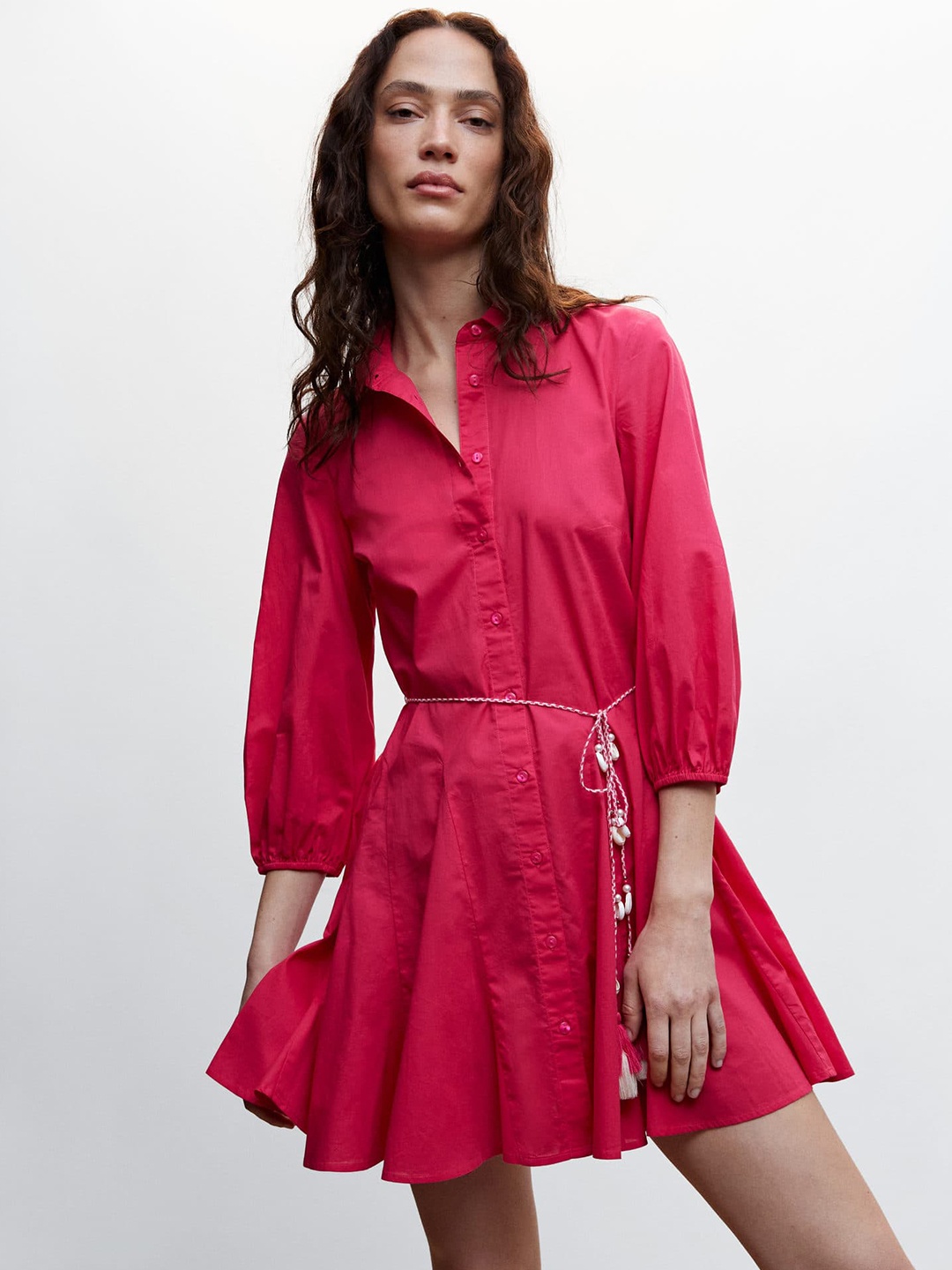 

MANGO Puff Sleeve Shirt Mini Dress, Pink