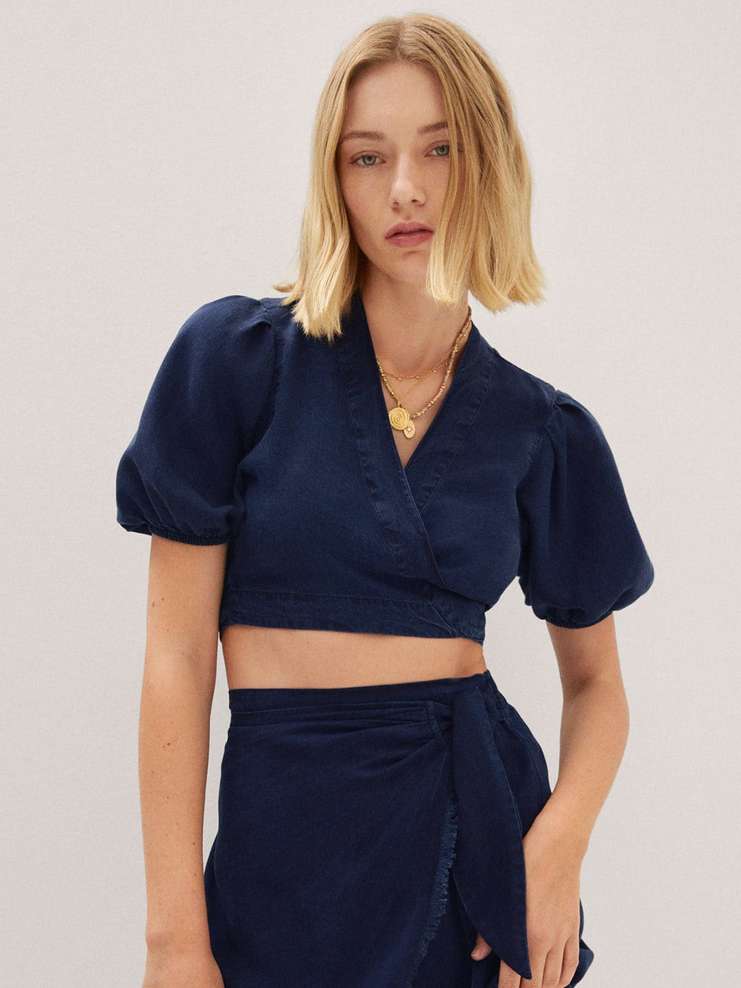 

MANGO Puff Sleeves Wrap Crop Top, Navy blue