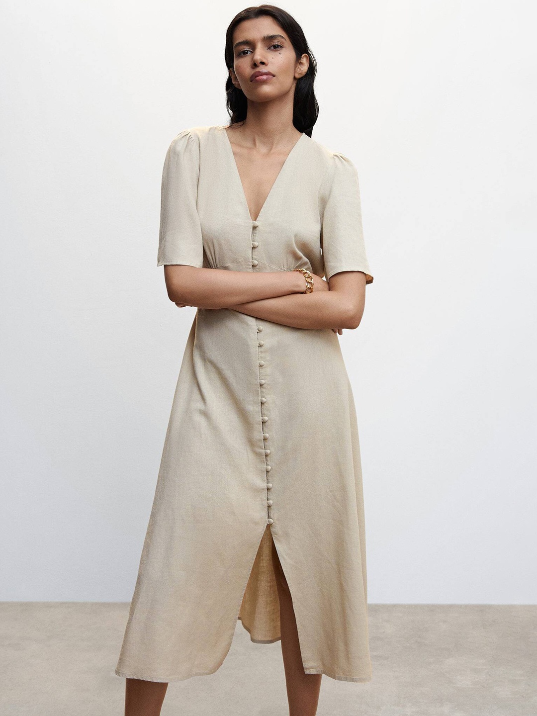 

MANGO Flared Sleeve Linen A-Line Midi Dress, Beige