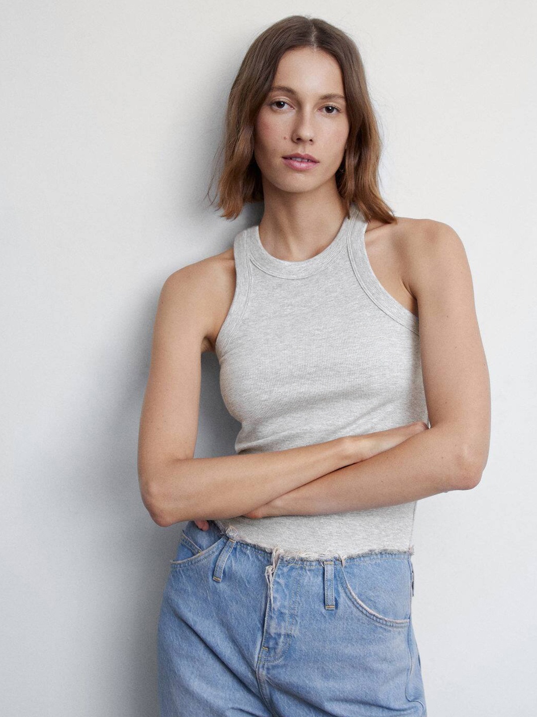 

MANGO Ribbed Top, Grey melange