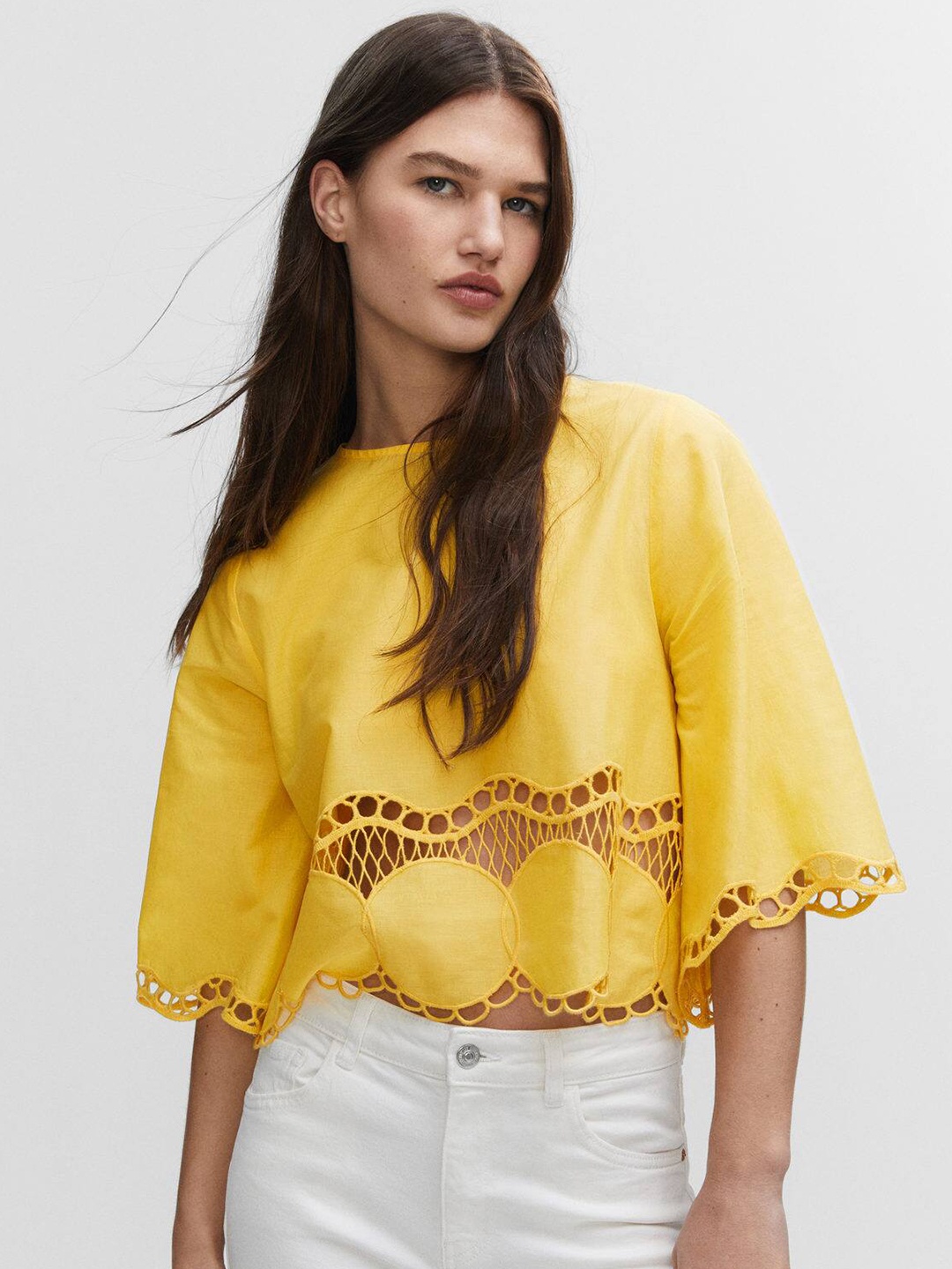 

MANGO Lace Pure Cotton Top, Yellow