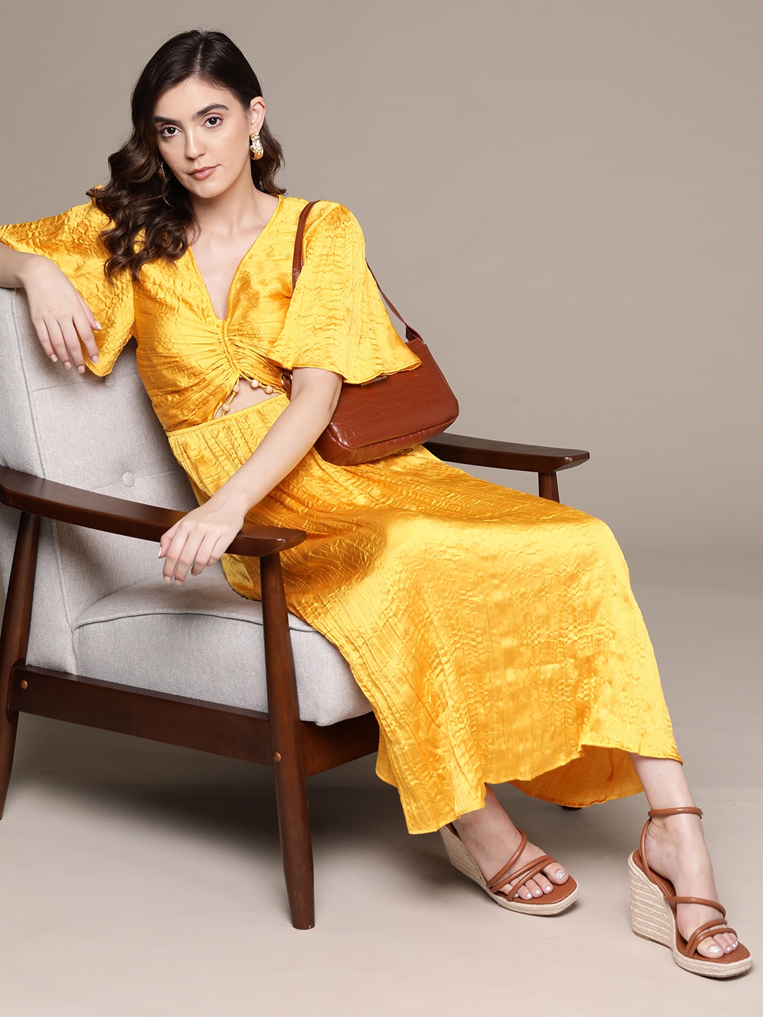 

MANGO Yellow Flared Sleeve A-Line Midi Dress
