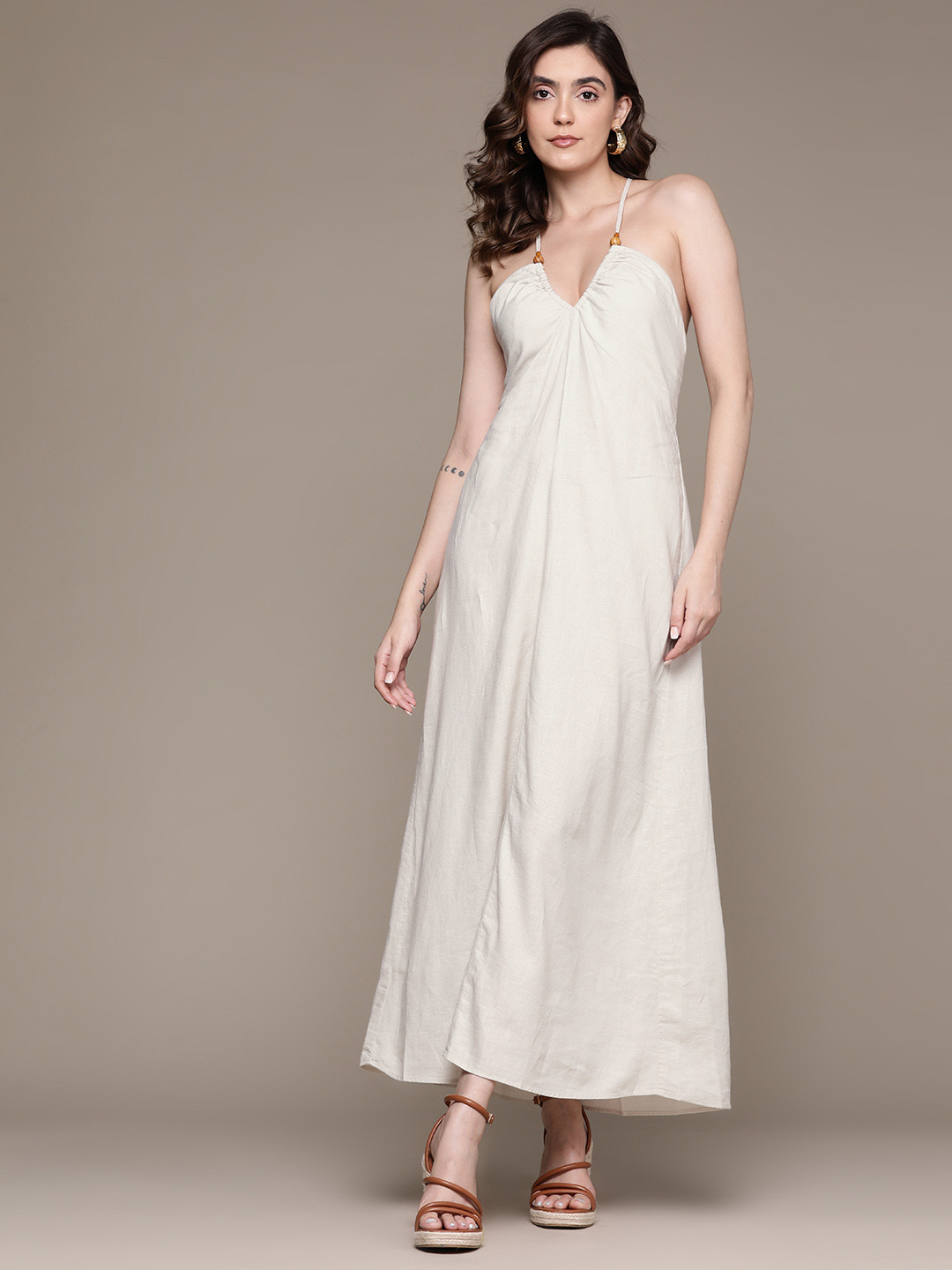 

MANGO Grey Linen A-Line Maxi Dress