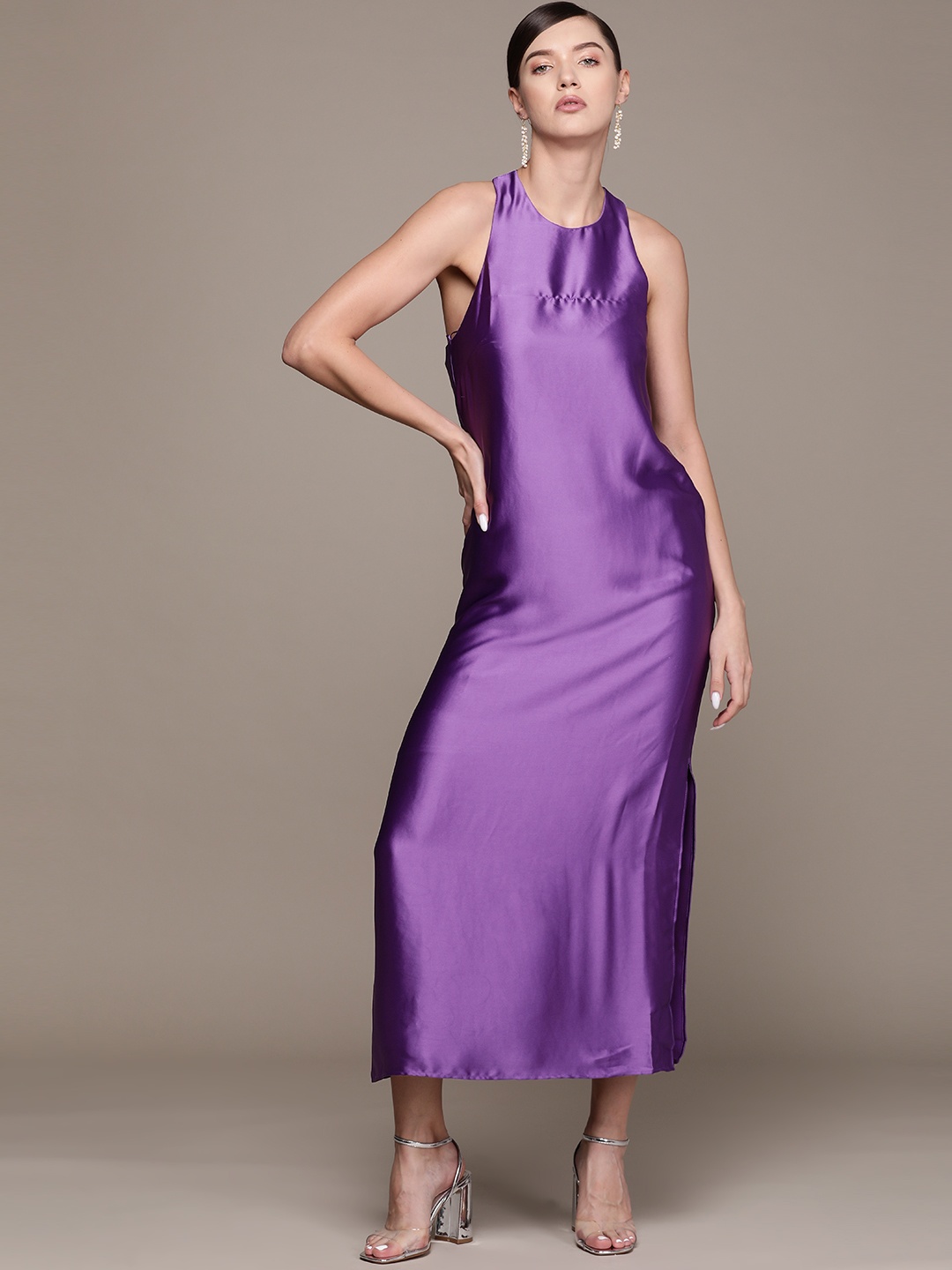 

MANGO Twisted Racerback Satin Maxi Dress, Purple