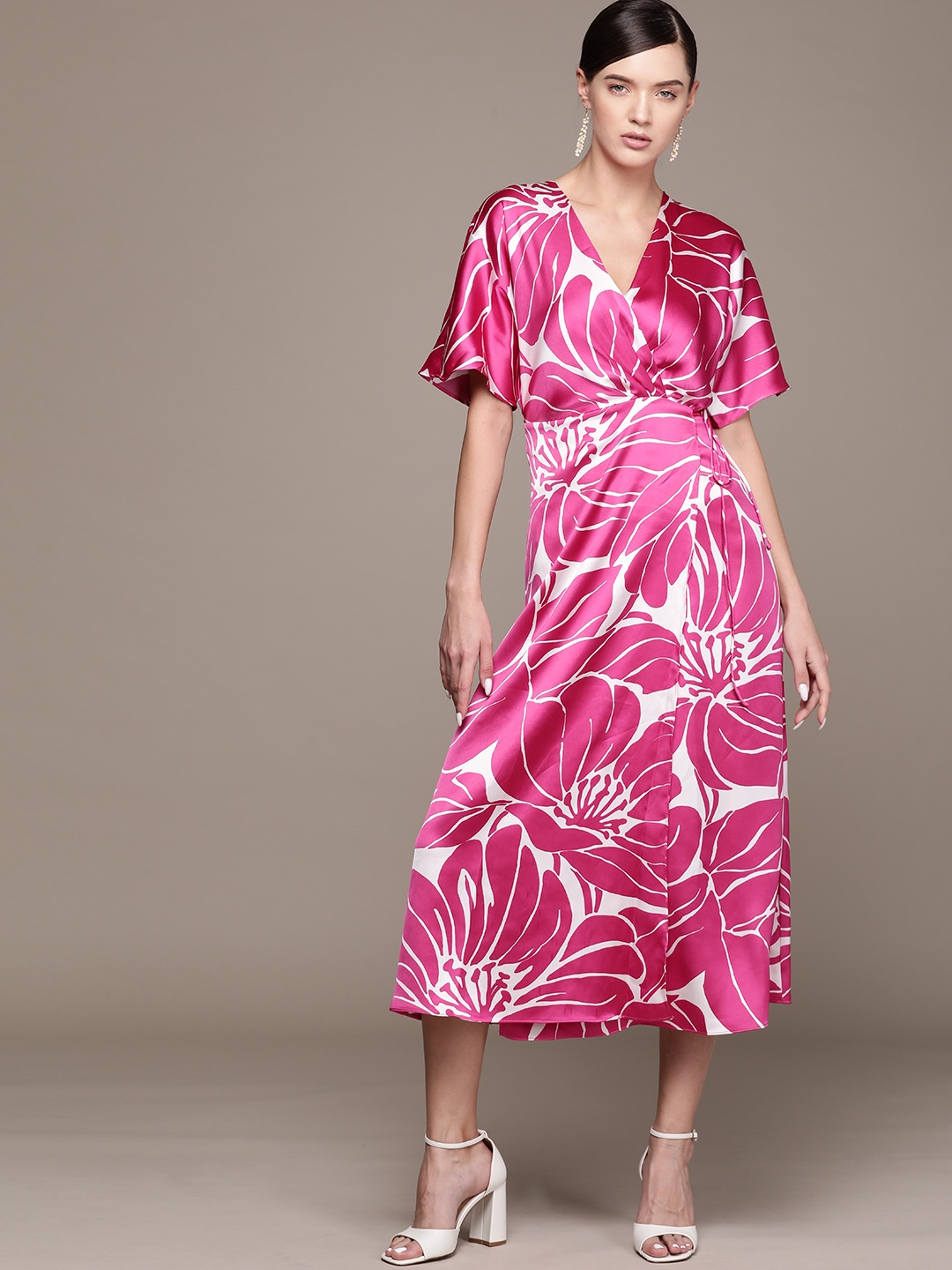 

MANGO Floral Print Flutter Sleeves Satin Finish Dress, Pink