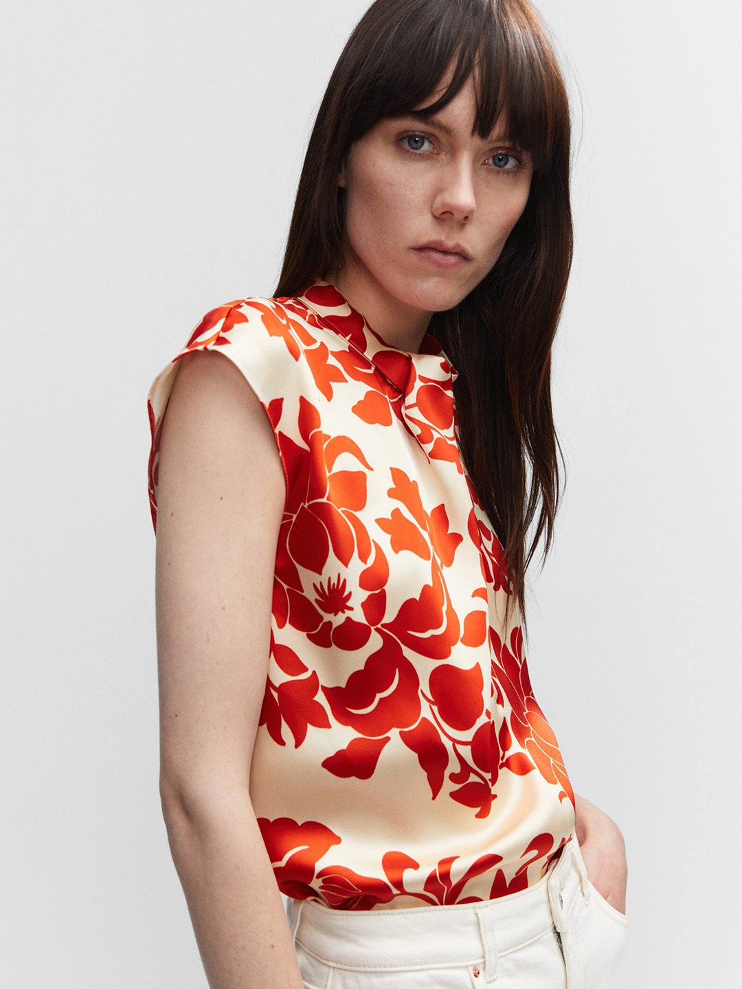 

MANGO Satin Floral Print Top, Cream