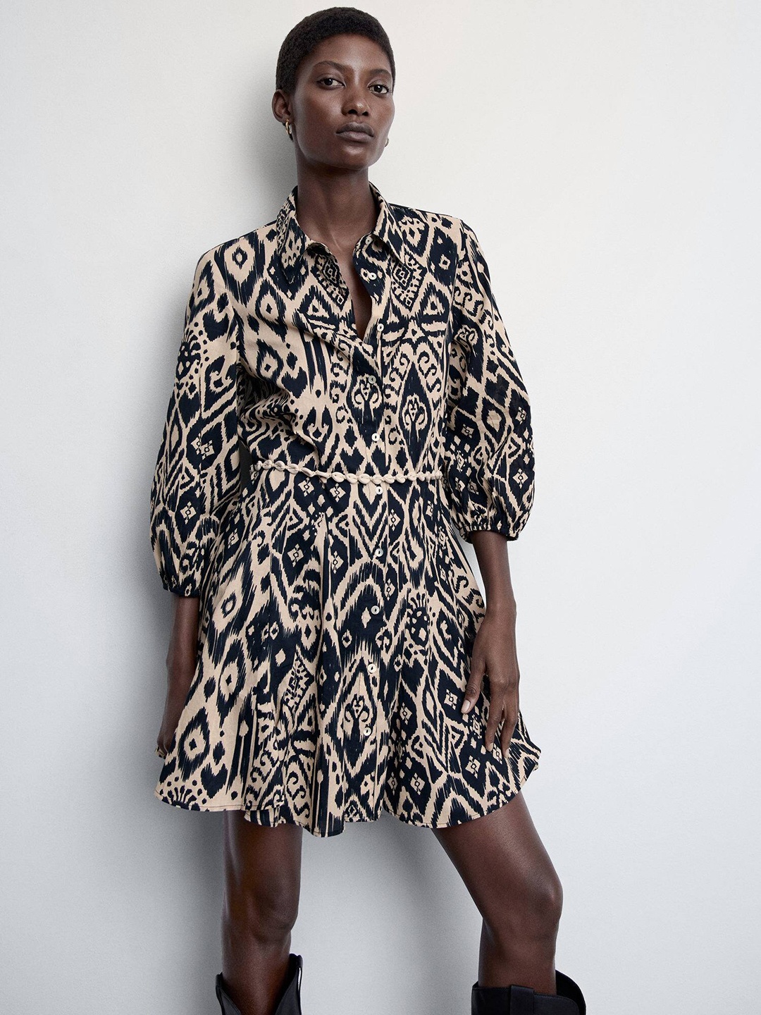 

MANGO Ethnic Motifs Print Puff Sleeve Shirt Mini Dress, Black