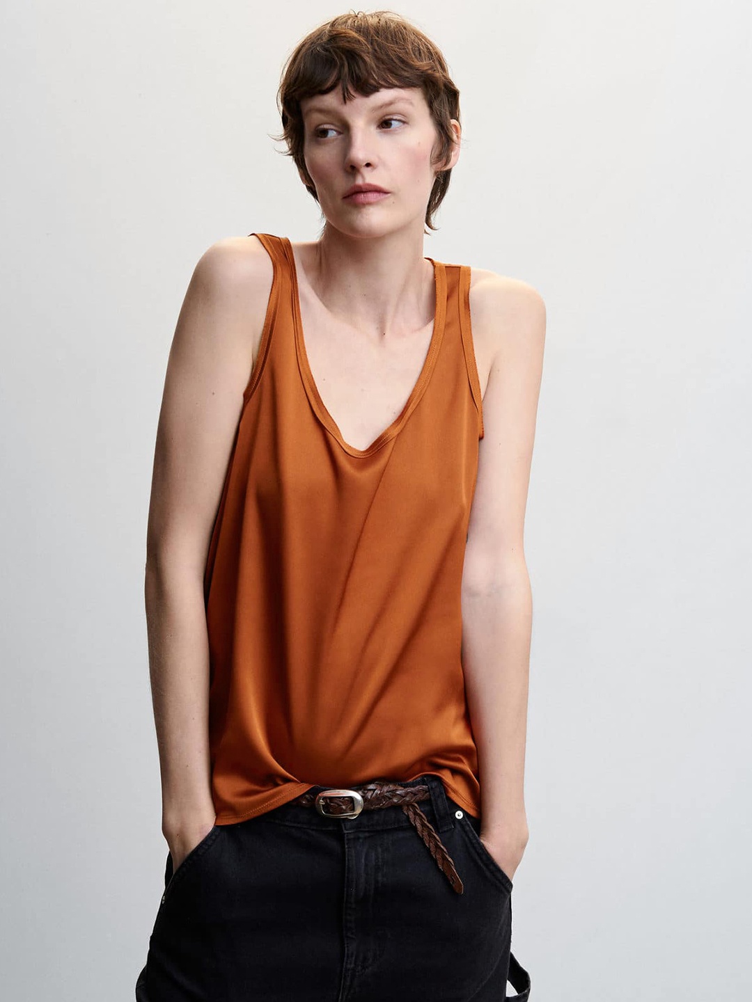 

MANGO V-Neck Solid Top, Orange