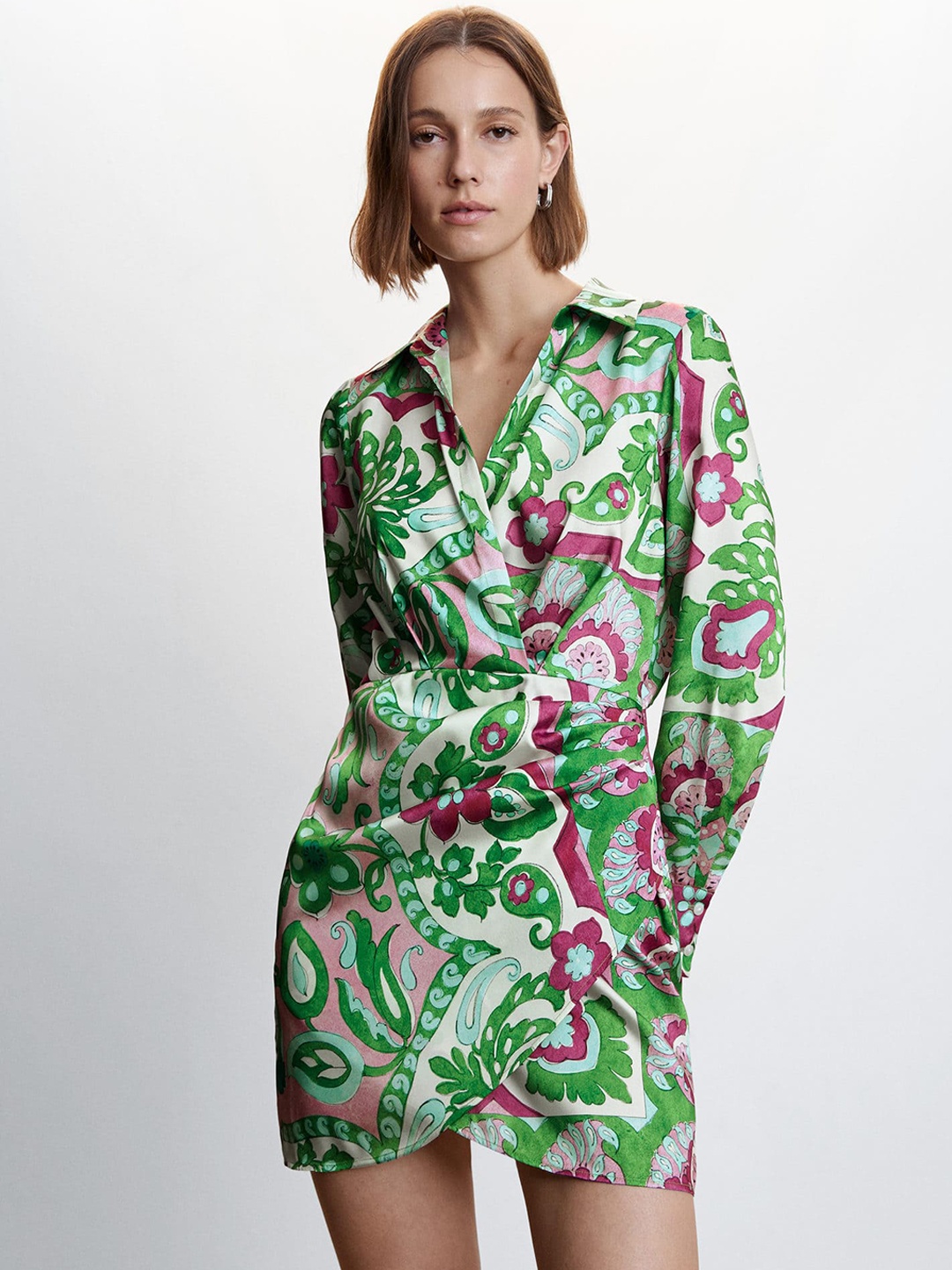 

MANGO Ethnic Motifs Print Shirt Mini Dress, Green